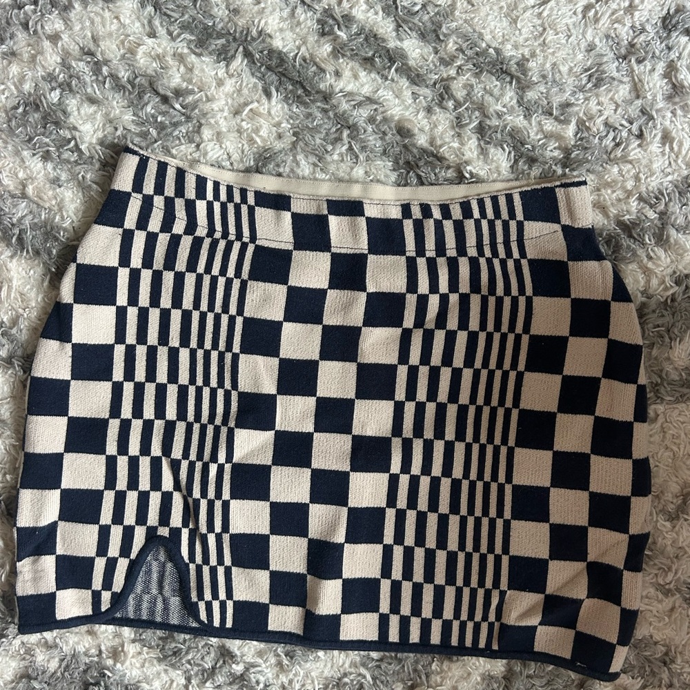 Urban Outfitters Navy and Cream Checkered Knit Mini Skirt